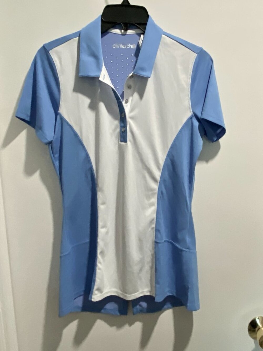 Adidas Climachill Golf Polo Top M White Blue Button Logo Back Slit S/S Tennis